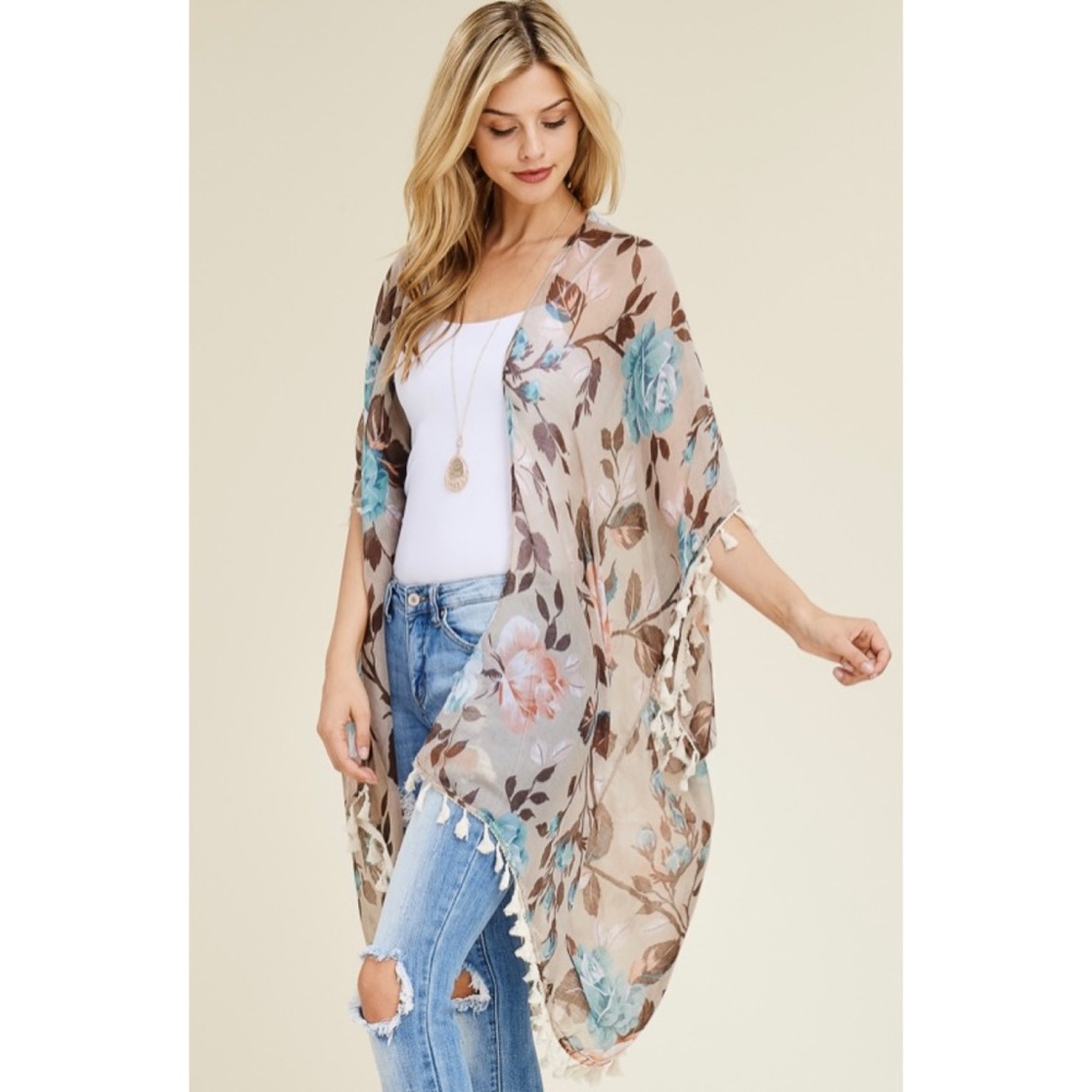 Khaki Floral Tassel Kimono - Picture 4 of 5